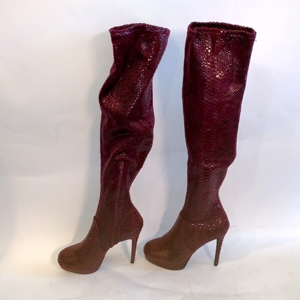 Thalia Sodi Clarrisa over the knee boot in wine snake print size 6 1/2